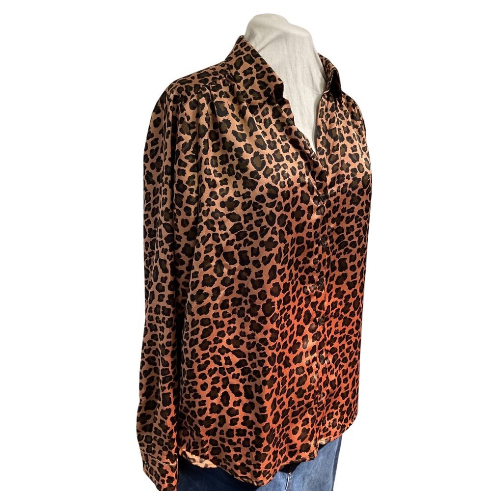 Pleione Leopard Print Satin Blouse XL Button-Down Long Sleeve Lightweight Womens - Picture 2 of 6